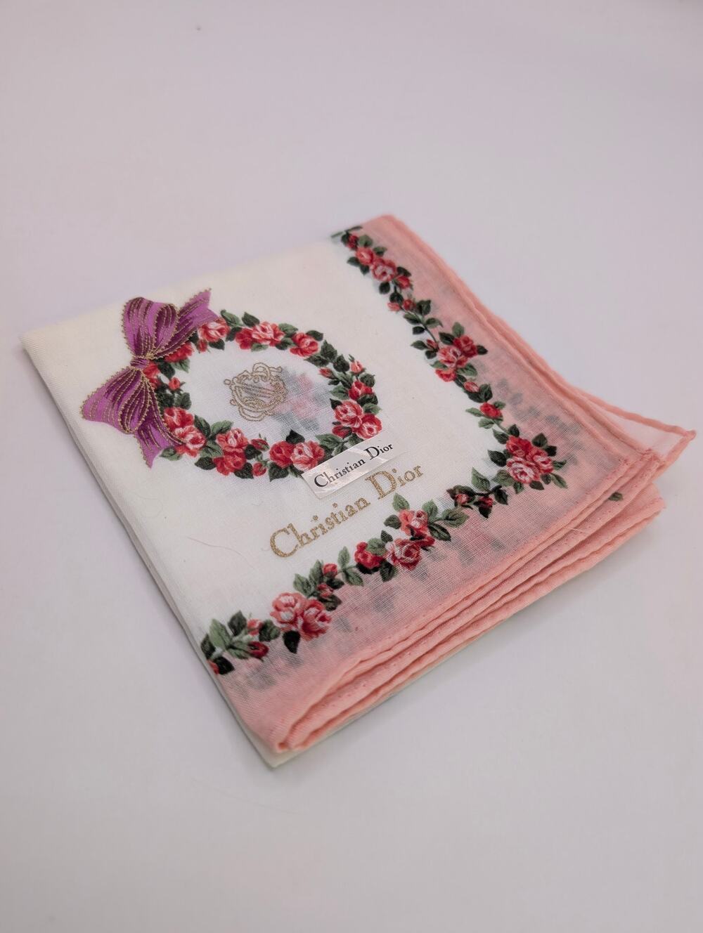 Christian Dior Cotton Handkerchief Rose Floral Bow Print 18x18" New with Tags